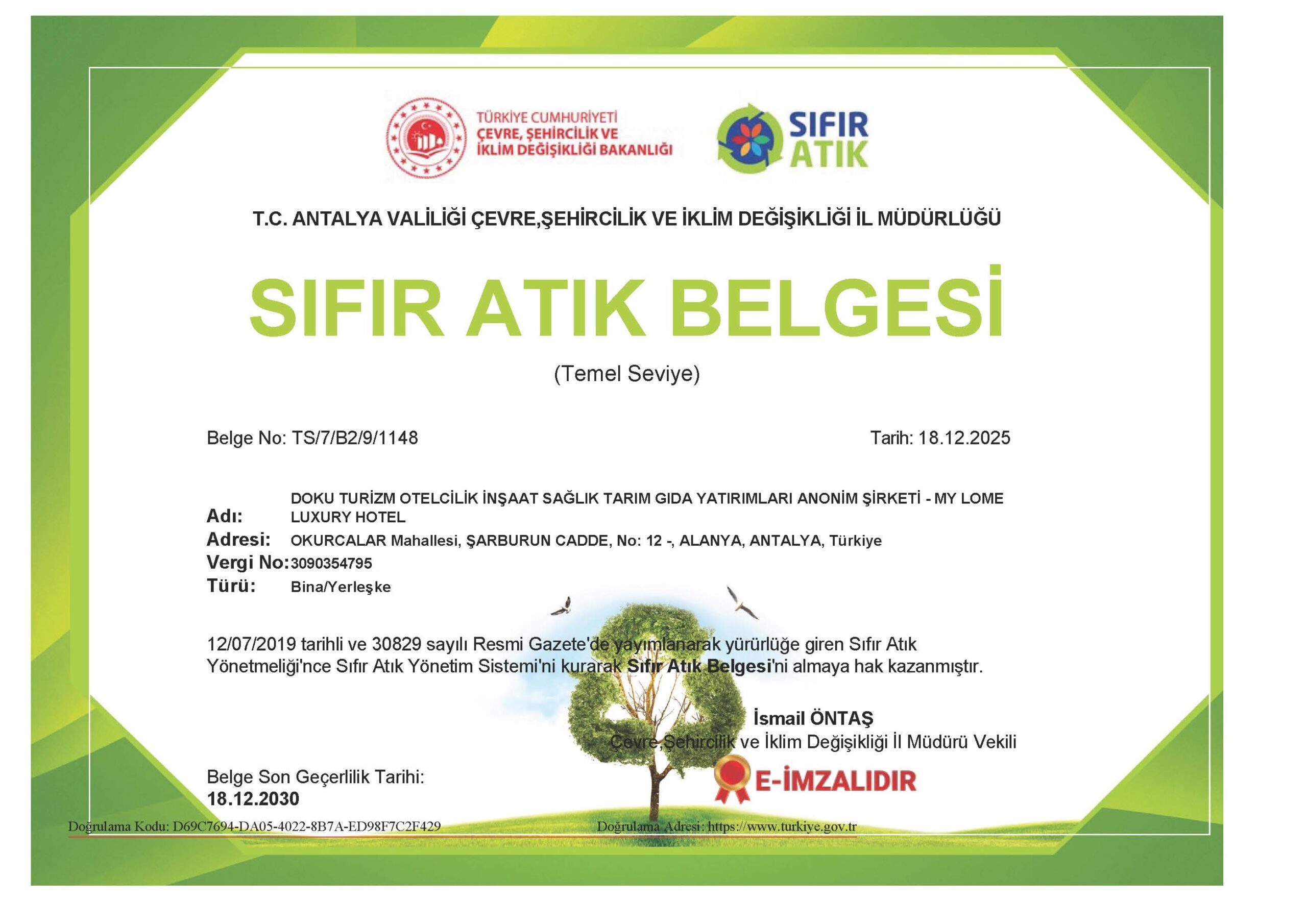 MYLOME SIFIR ATIK BELGESİ-2025